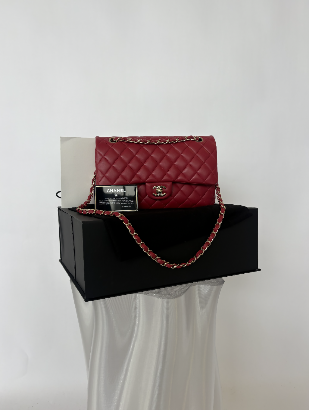 Chanel Medium Double Flap in Red Lambskin with Gold Hardware - FULL SET