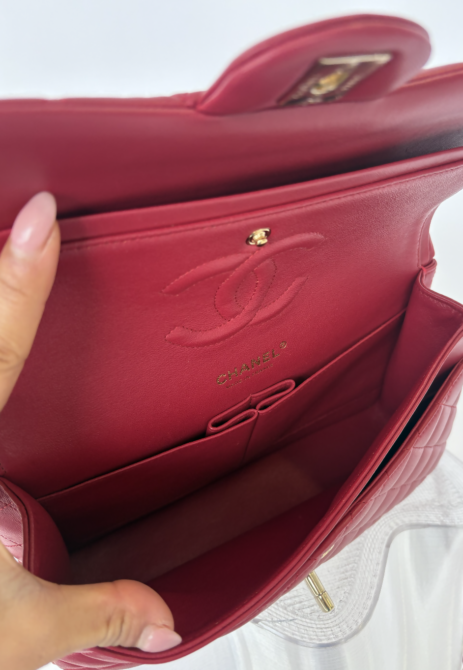 Chanel Medium Double Flap in Red Lambskin with Gold Hardware - FULL SET