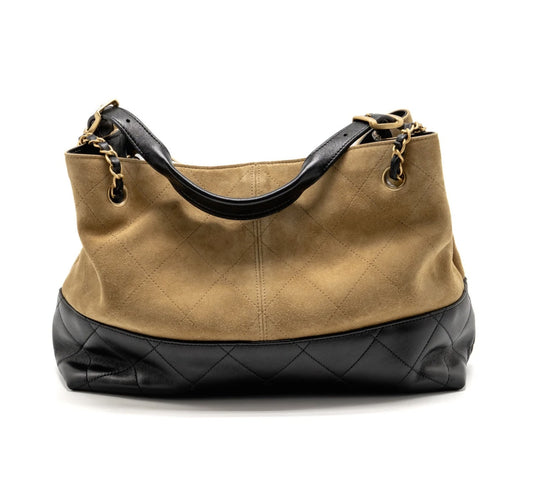 CHANEL Small Shopping Bag Beige Suede / BlackShiny Lambskin