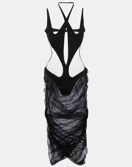 The MUGLER cutout stretch-jersey midi dress by EXCHANGE is a black size 34 avant-garde piece with a strappy halter neckline, bold bodice cutouts, and a sheer ruched tulle skirt overlay—worn like new.