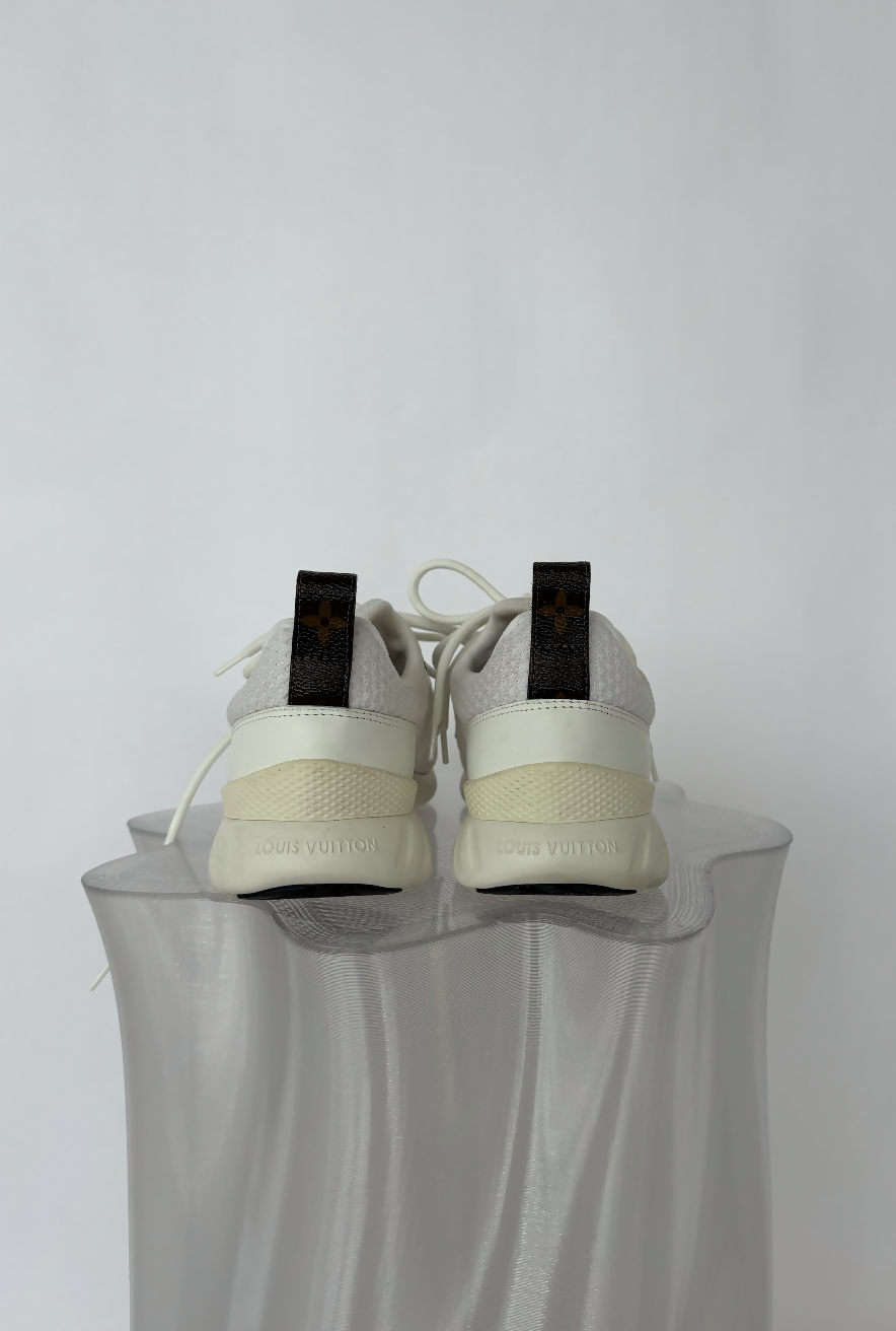 Louis Vuitton “Aftergame” Lace-Up Sneakers in White Knit Fabric & Leather