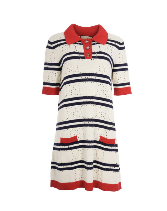 The EXCHANGE GUCCI White and Navy Striped Cotton Knitted Dress in medium features short sleeves, a red collar, red buttons, and red trim on the sleeves, hem, and pockets over an off-white speckled background.