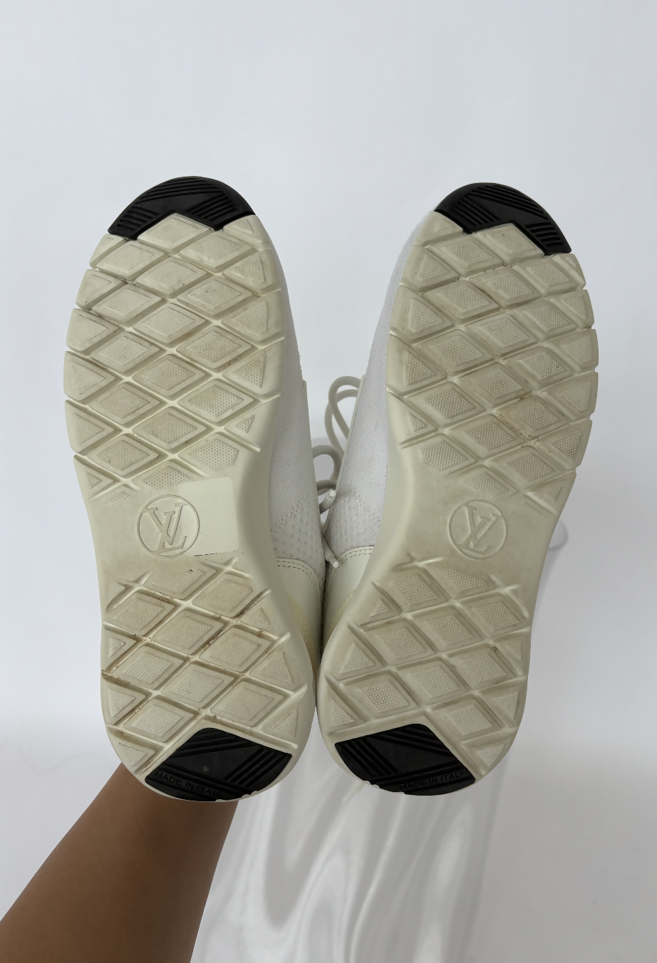 Louis Vuitton “Aftergame” Lace-Up Sneakers in White Knit Fabric & Leather