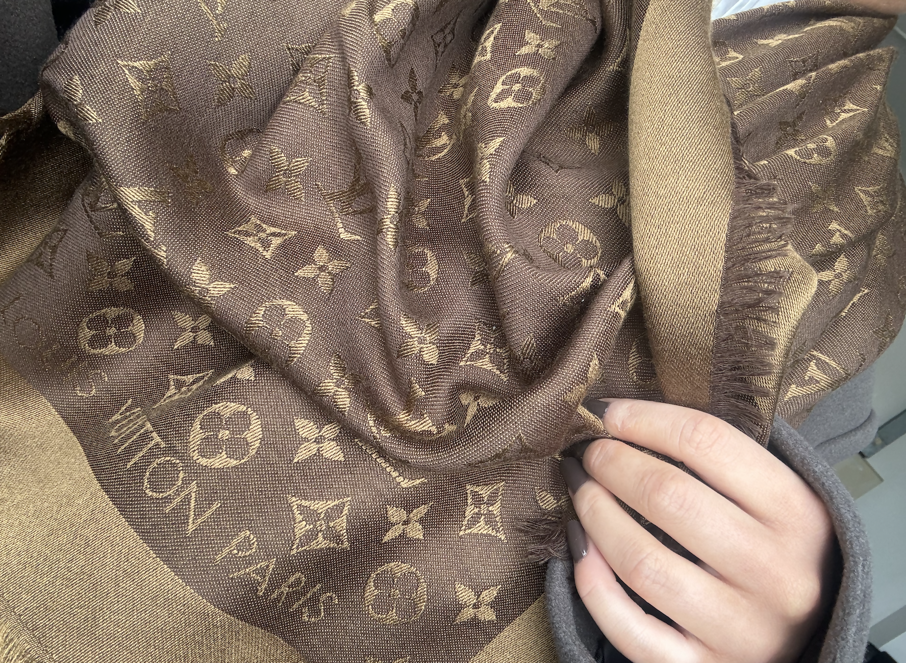 A hand holds the EXCHANGE Louis Vuitton Scarf—a brown silk women's scarf featuring gold monogram patterns and "LOUIS VUITTON PARIS" on the edge. The scarf looks soft and gently crumpled.