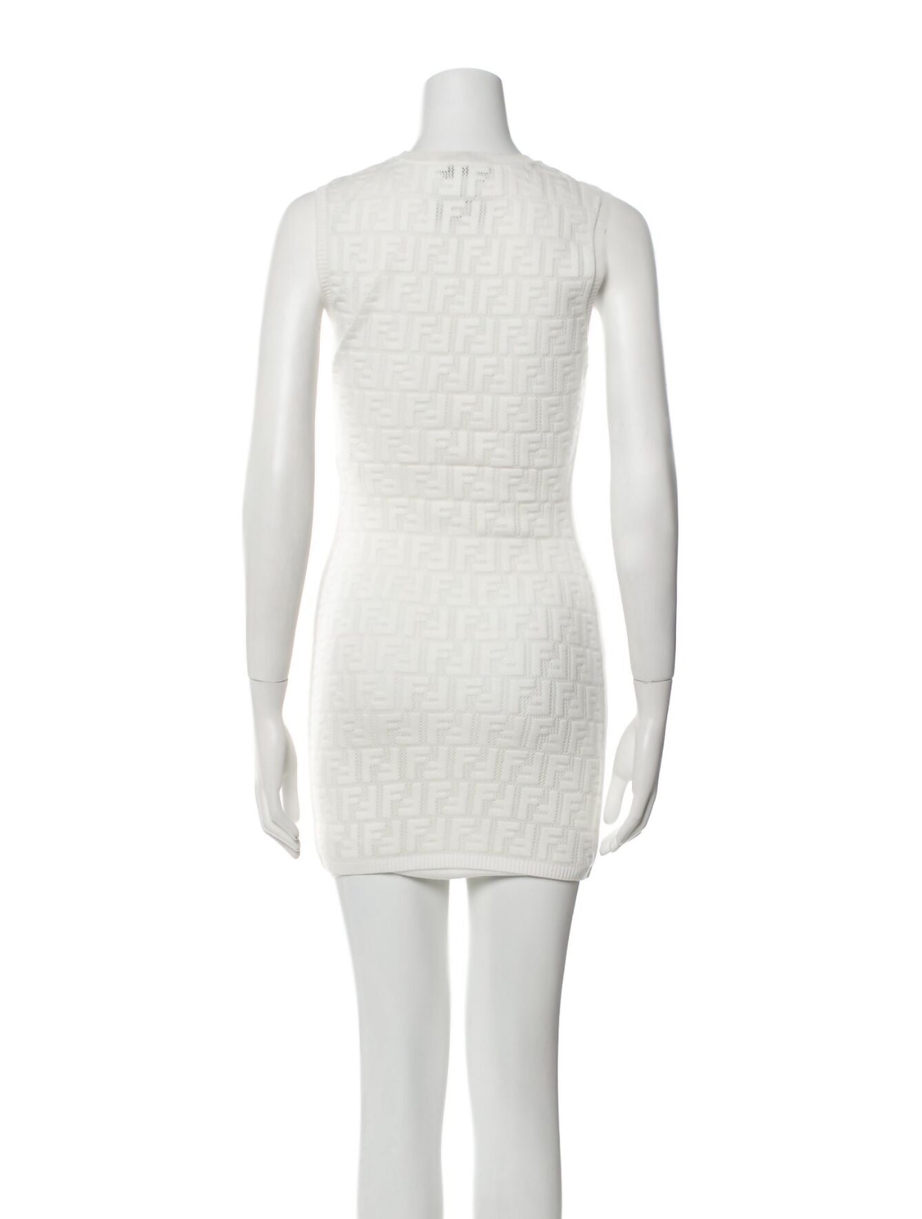 Back view of the EXCHANGE FENDI Jacquard Stretchy Mini Dress—a sleeveless, white, form-fitting women's dress with a textured pattern, shown on a mannequin against a plain background.