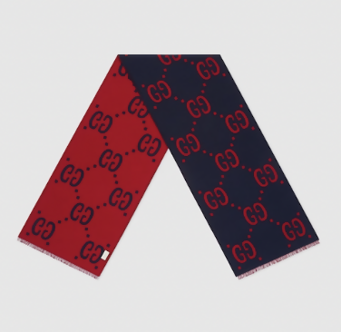 Gucci GG Jacquard Wool Silk Scarf – Red/Navy (Reversible)