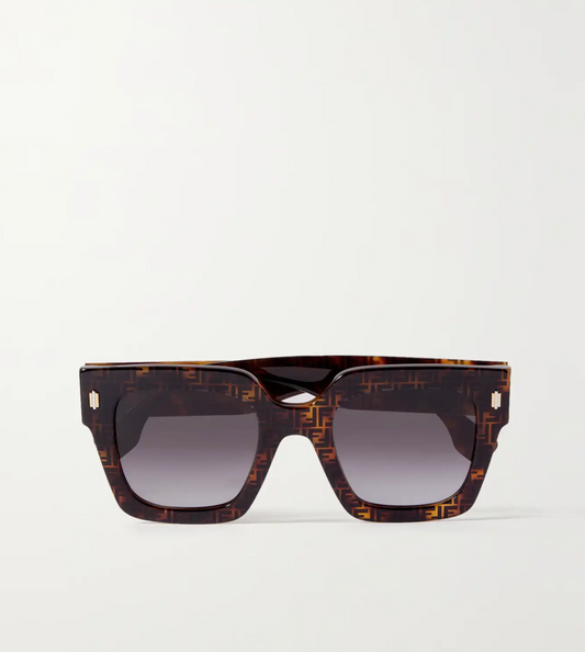 A pair of pre-owned Fendi Roma Sunglasses by EXCHANGE STORE, featuring a square shape with thick tortoiseshell frames, subtle pattern, and dark gradient lenses, displayed against a plain white background.