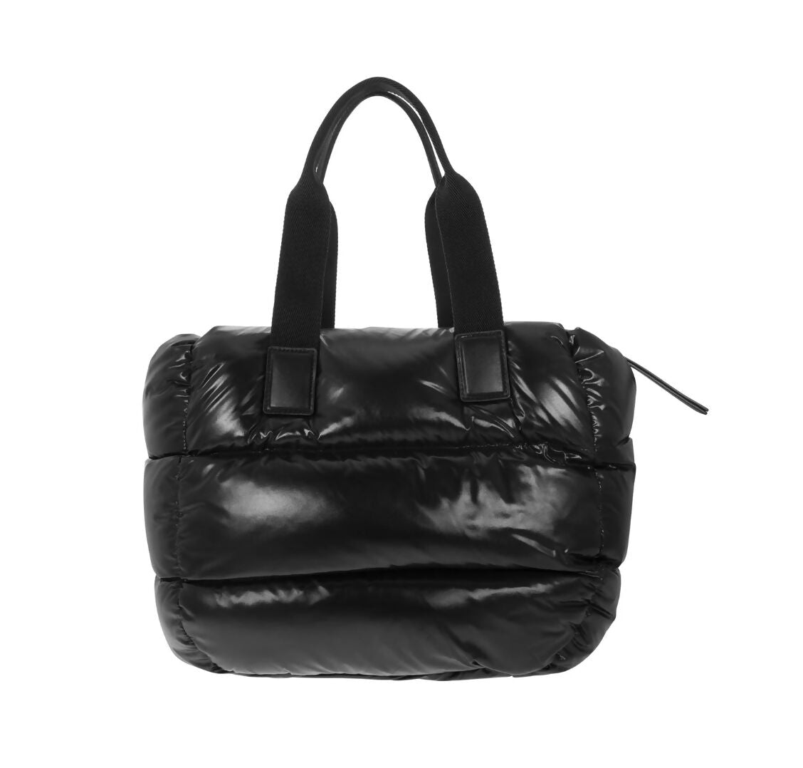 The EXCHANGE Moncler Logo Patch Padded Top Handle Bag is a shiny black puffer-style designer bag with short black handles, a zipper closure, and a quilted, padded design.