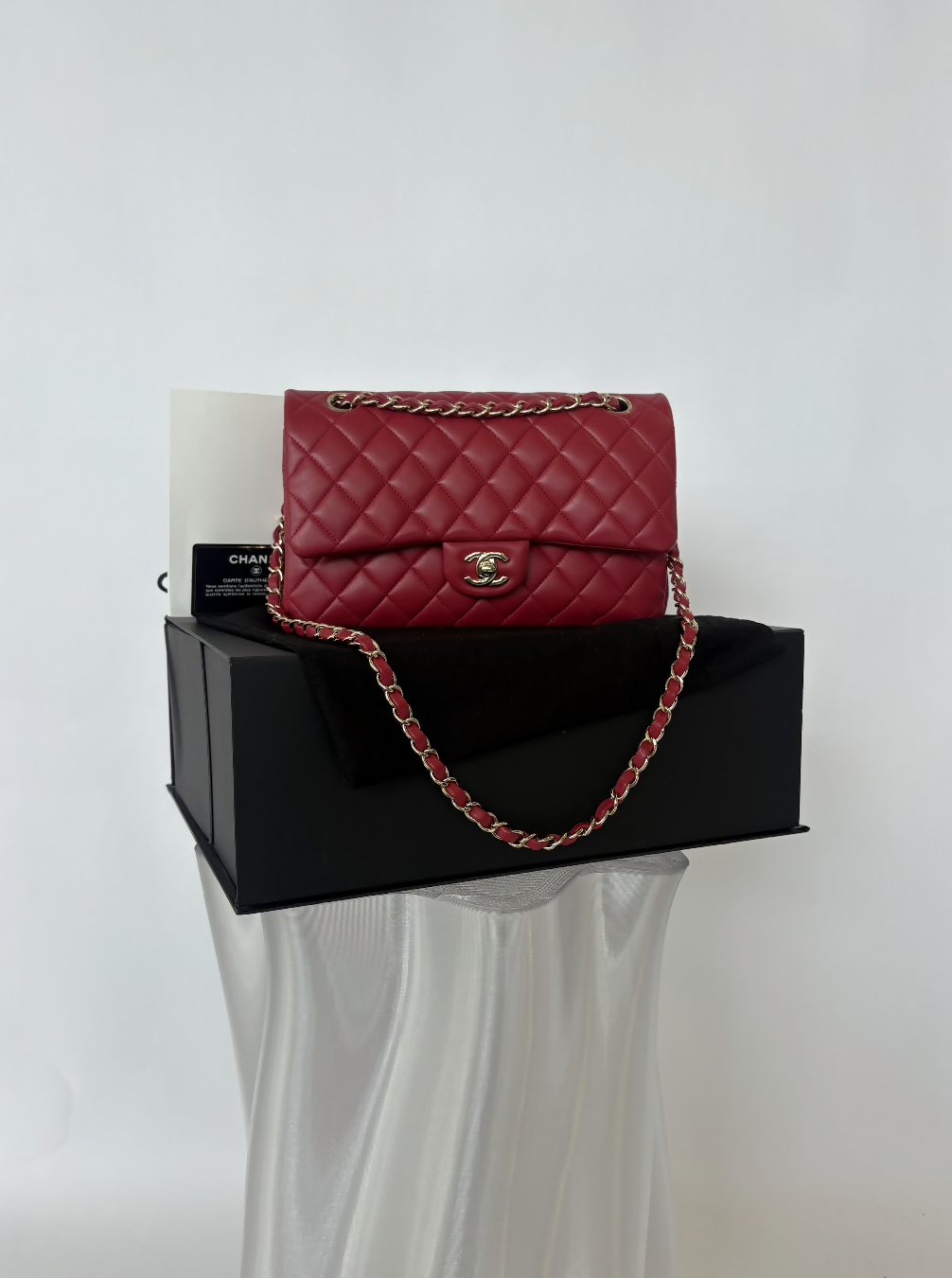 Chanel Medium Double Flap in Red Lambskin with Gold Hardware - FULL SET