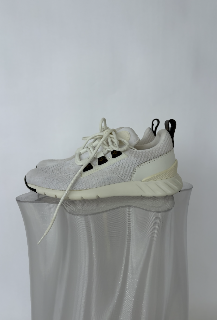 Louis Vuitton “Aftergame” Lace-Up Sneakers in White Knit Fabric & Leather