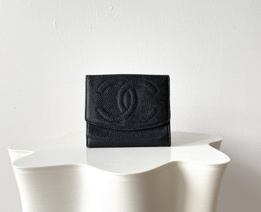 CHANEL Coco Mark Caviar Leather Folded Wallet Black Vintage