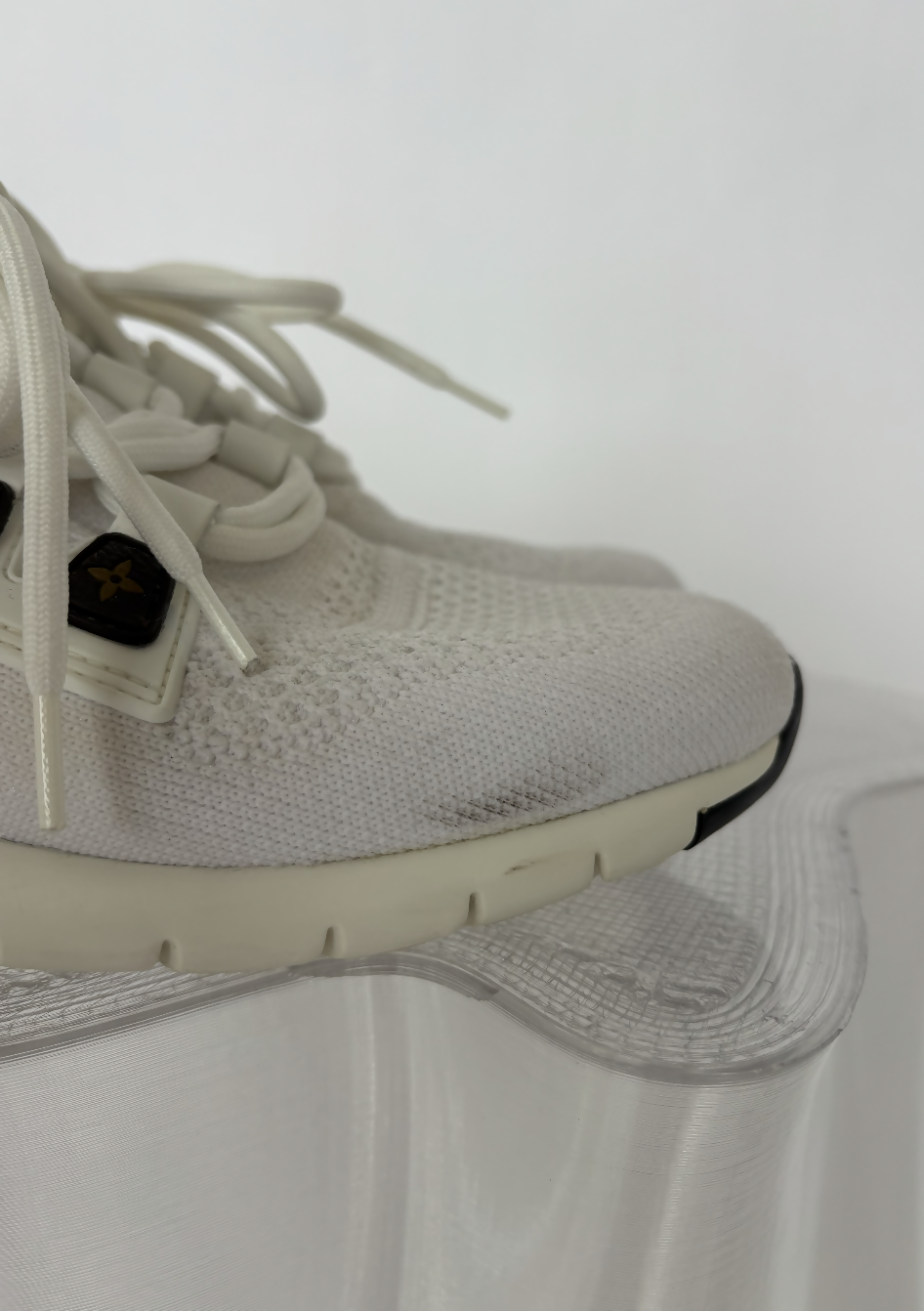 Louis Vuitton “Aftergame” Lace-Up Sneakers in White Knit Fabric & Leather