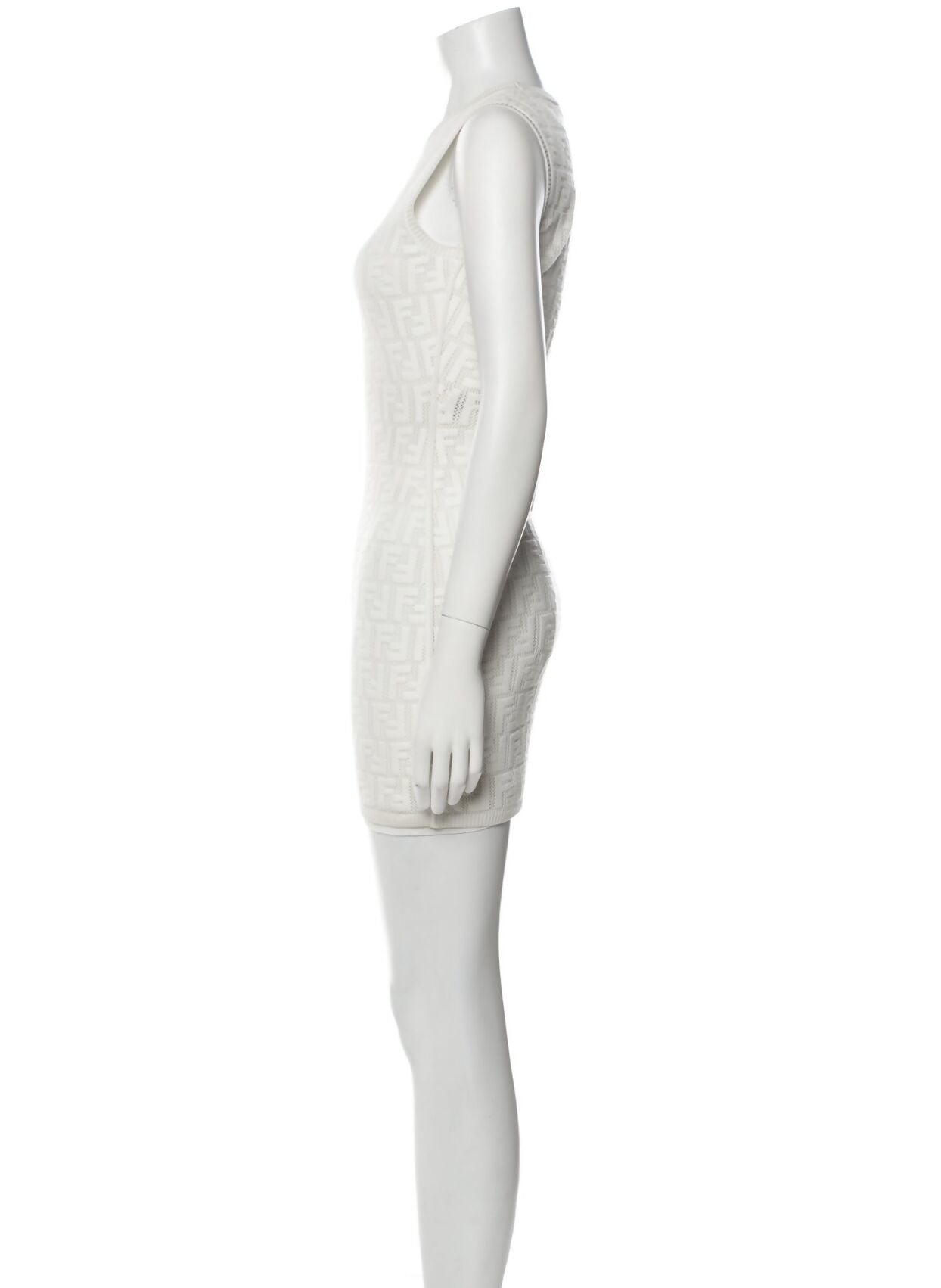 A mannequin models the EXCHANGE FENDI Jacquard Stretchy Mini Dress—a sleeveless, fitted, white women's dress with a subtle geometric pattern—shown in profile against a plain white background.