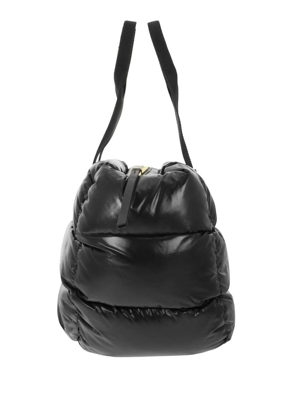 The Moncler Logo Patch Padded Top Handle Bag by EXCHANGE features a puffy black quilted design, thick fabric straps, a shiny finish, and a top zipper closure.