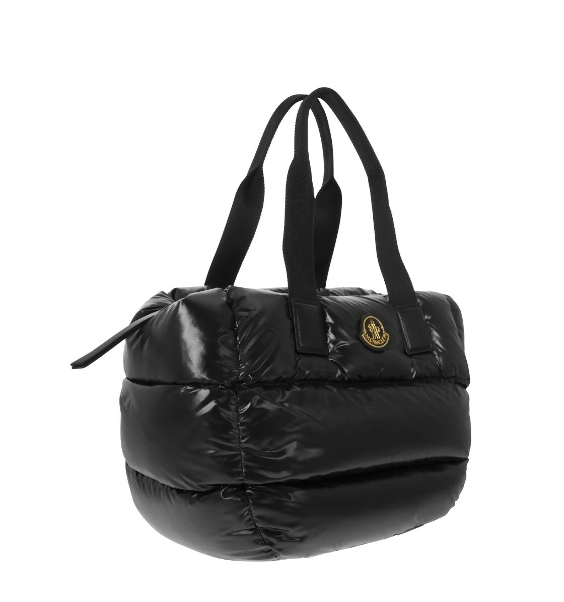 The EXCHANGE Moncler Logo Patch Padded Top Handle Bag features a quilted, padded design in shiny black, black handles, a round logo patch on the front, and a top zipper closure—an essential addition to any designer collection.