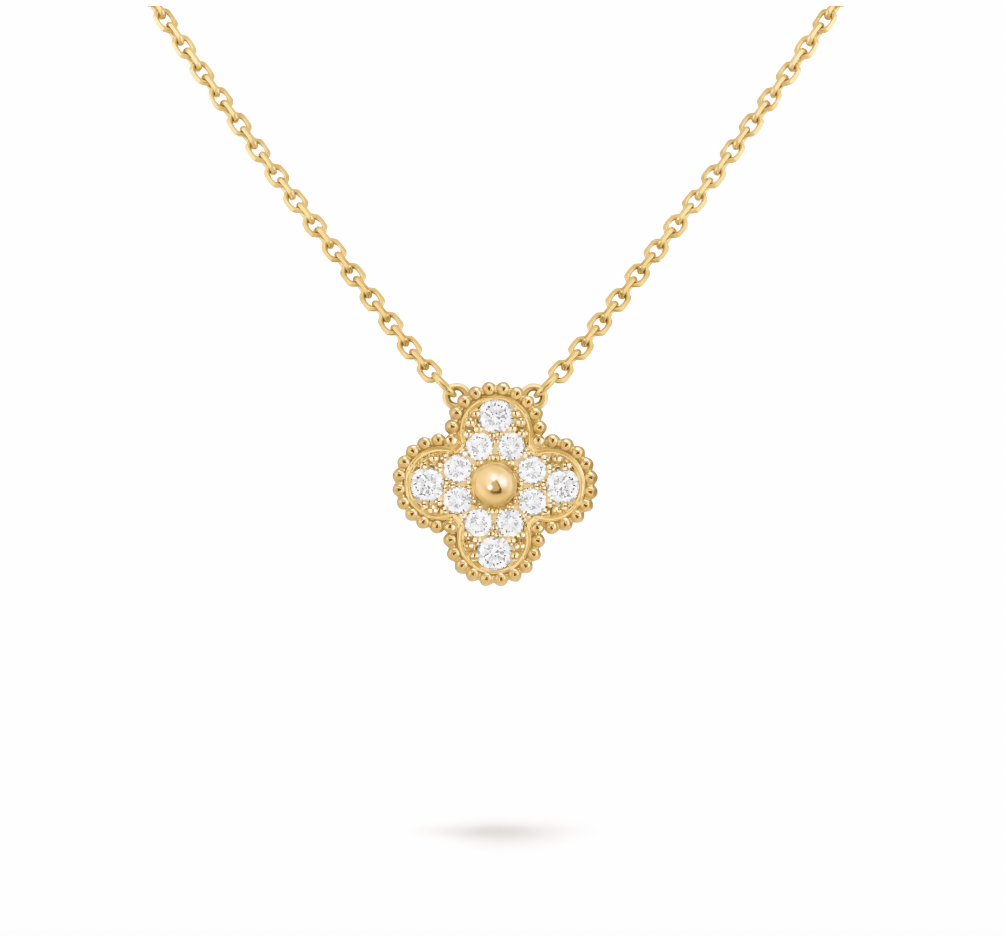 Van Cleef & Arpels Vintage Alhambra Pendant Necklace in 18K Yellow Gold and Diamond - Full Set