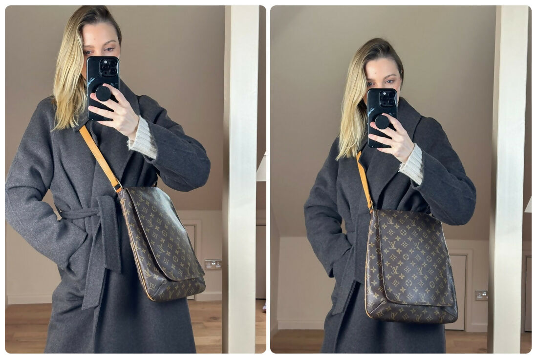 A woman with blonde hair takes mirror selfies indoors, wearing a dark coat and carrying an authenticated used EXCHANGE Louis Vuitton Monogram Musette shoulder bag with a tan strap and signature monogram pattern.