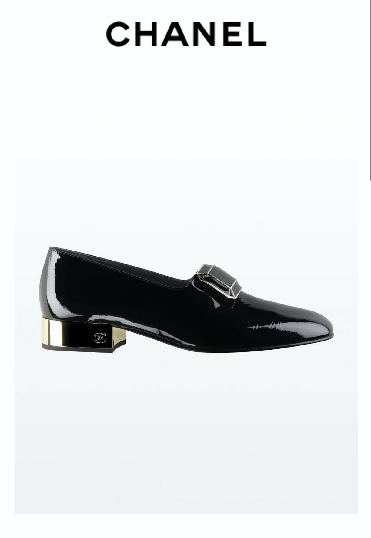 A Chanel Pre Fall 2022 Patent Calfskin Loafer (FULL SET) by EXCHANGE in black, with a gold geometric buckle, low heel featuring the Chanel logo, and size 38. Displayed on white background beneath a CHANEL logo.