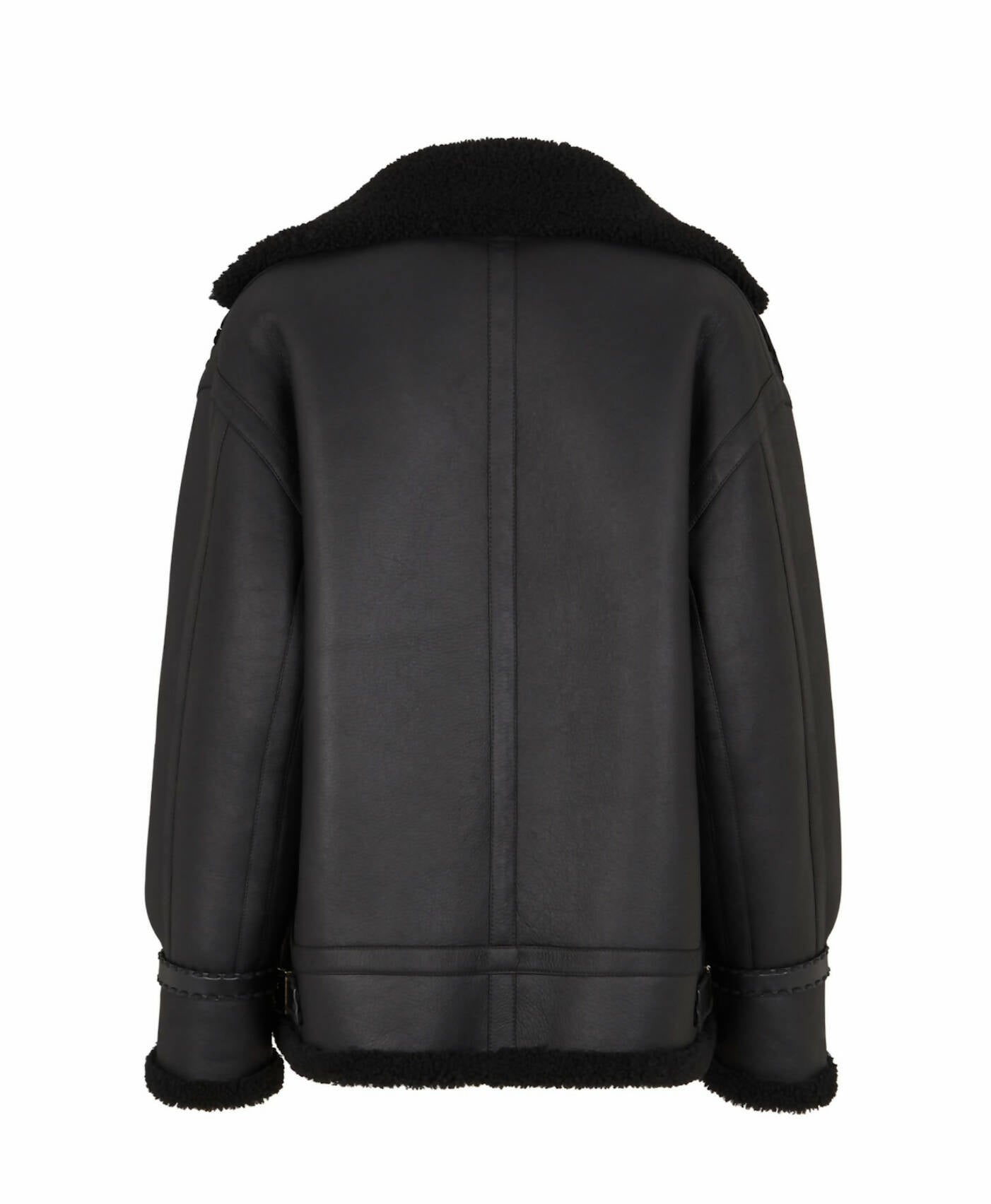 The EXCHANGE Fendi Jacket is a black lamb leather shearling aviator jacket with a wide shearling collar, visible seam lines, and oversized cuffs and hem trimmed in black shearling, shown from the back.