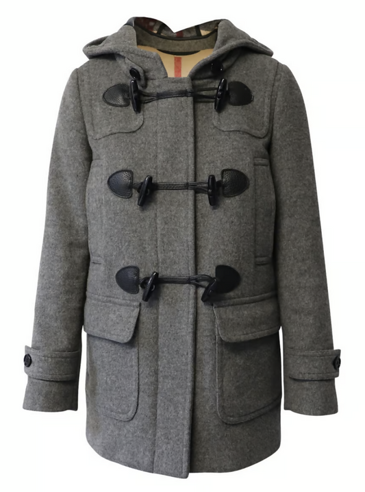 The EXCHANGE Burberry Brit 100% Wool Gray Hooded Zip Up Duffle Toggle Coat features front toggle closures, two large flap pockets, and buttoned cuffs.