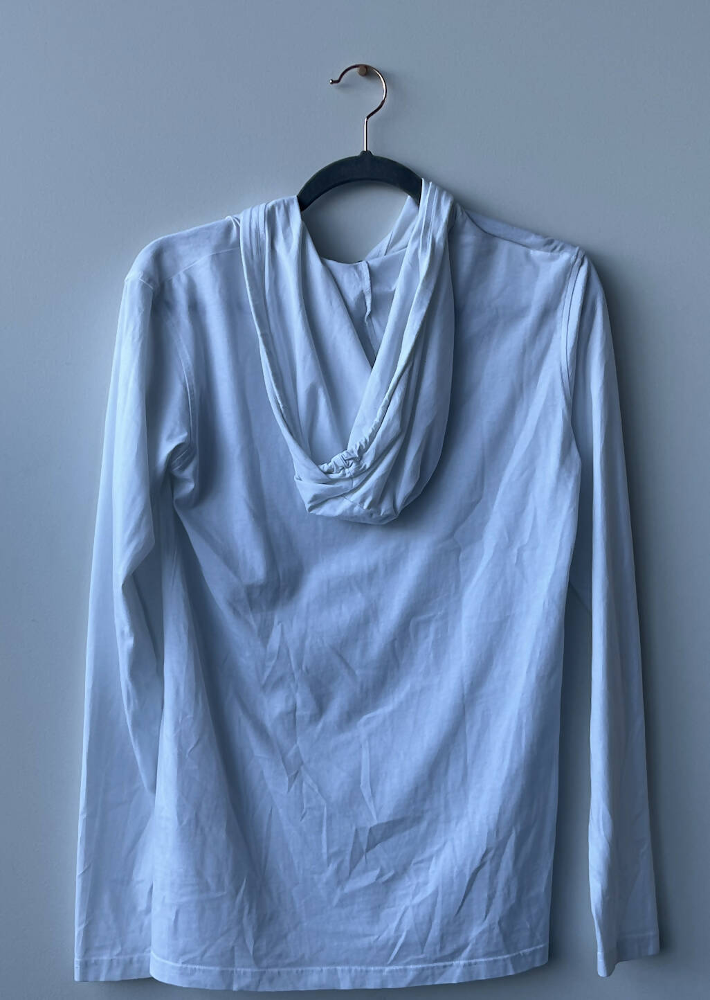 The EXCHANGE Balmain Long Sleeve Hoodie 2017, in light blue 100% cotton, hangs on a black hanger against a gray wall. The back view shows the hood draped over the collar.