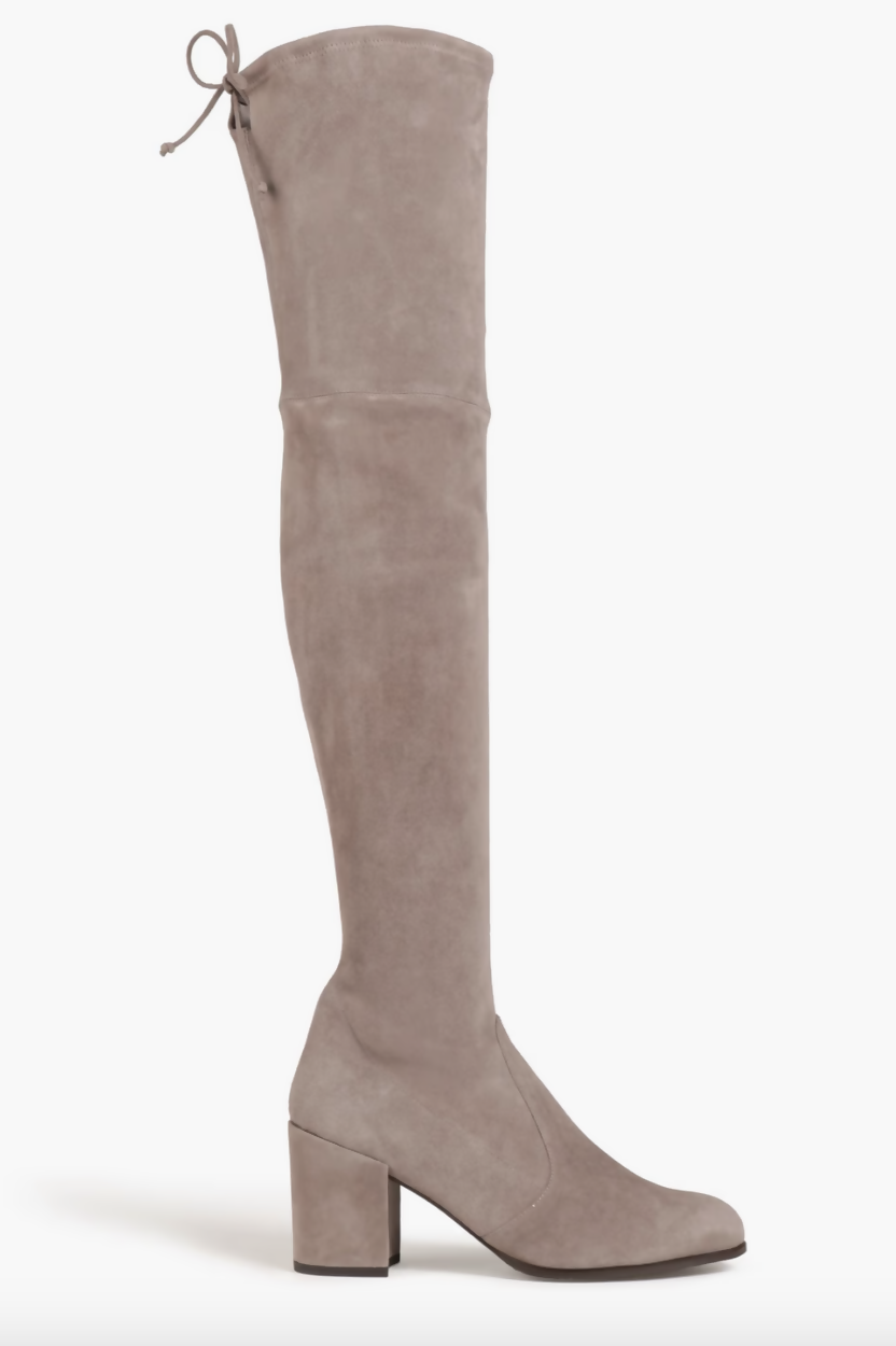 A single EXCHANGE STUART WEITZMAN suede thigh boot in Mushroom, size 38.5/39, with a block heel and adjustable top tie, shown in profile against a white background.