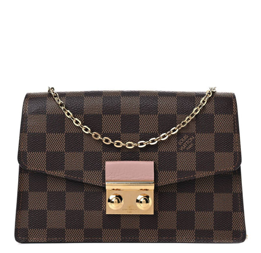 A used Louis Vuitton Croisette Chain bag by EXCHANGE in very good condition, featuring a brown checkerboard pattern, gold chain strap, front flap with gold clasp, and includes receipt.