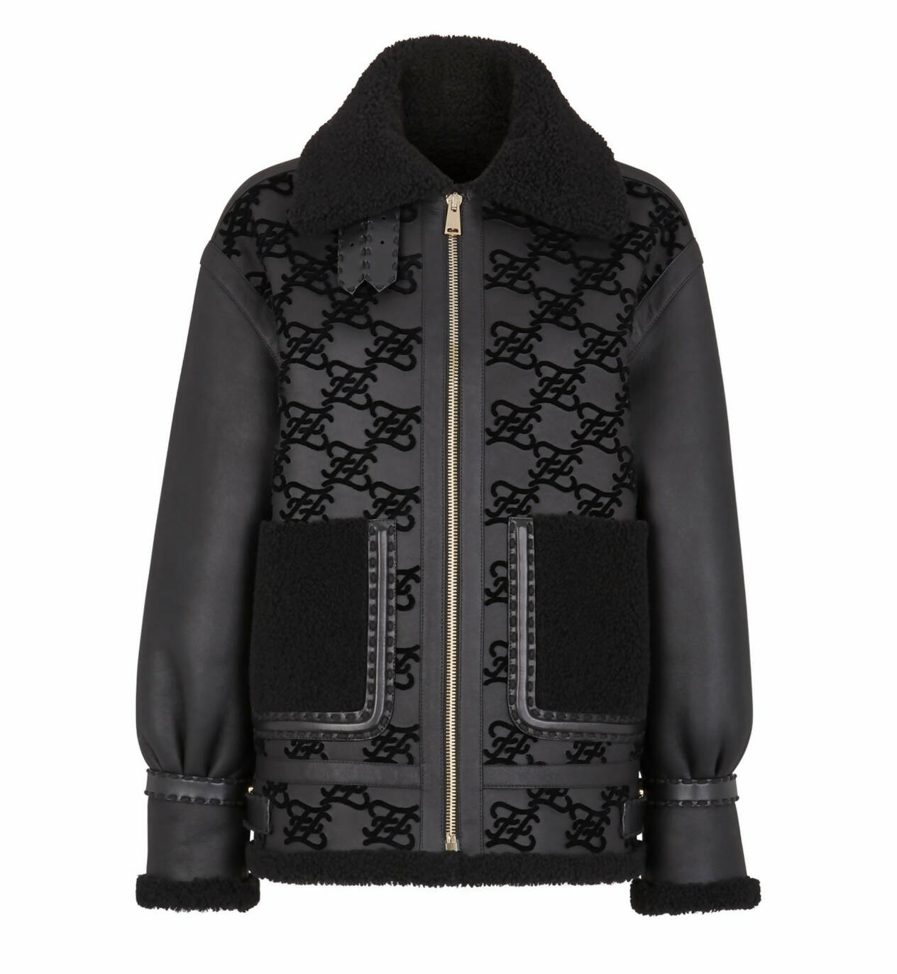 The Fendi Jacket by EXCHANGE is a black shearling aviator with a large collar, front zipper, two front pockets, all-over monogram pattern, and leather trim on the cuffs and pockets.