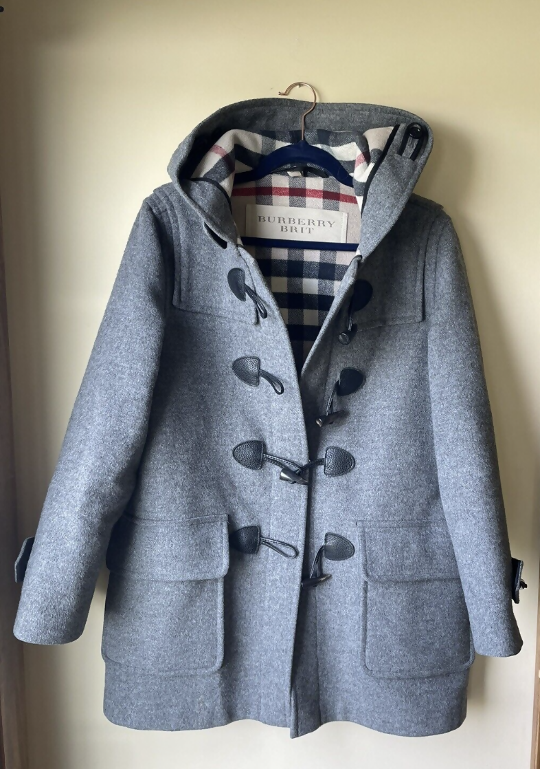 Burberry Brit 100% Wool Gray Hooded Zip Up Duffle Toggle Coat