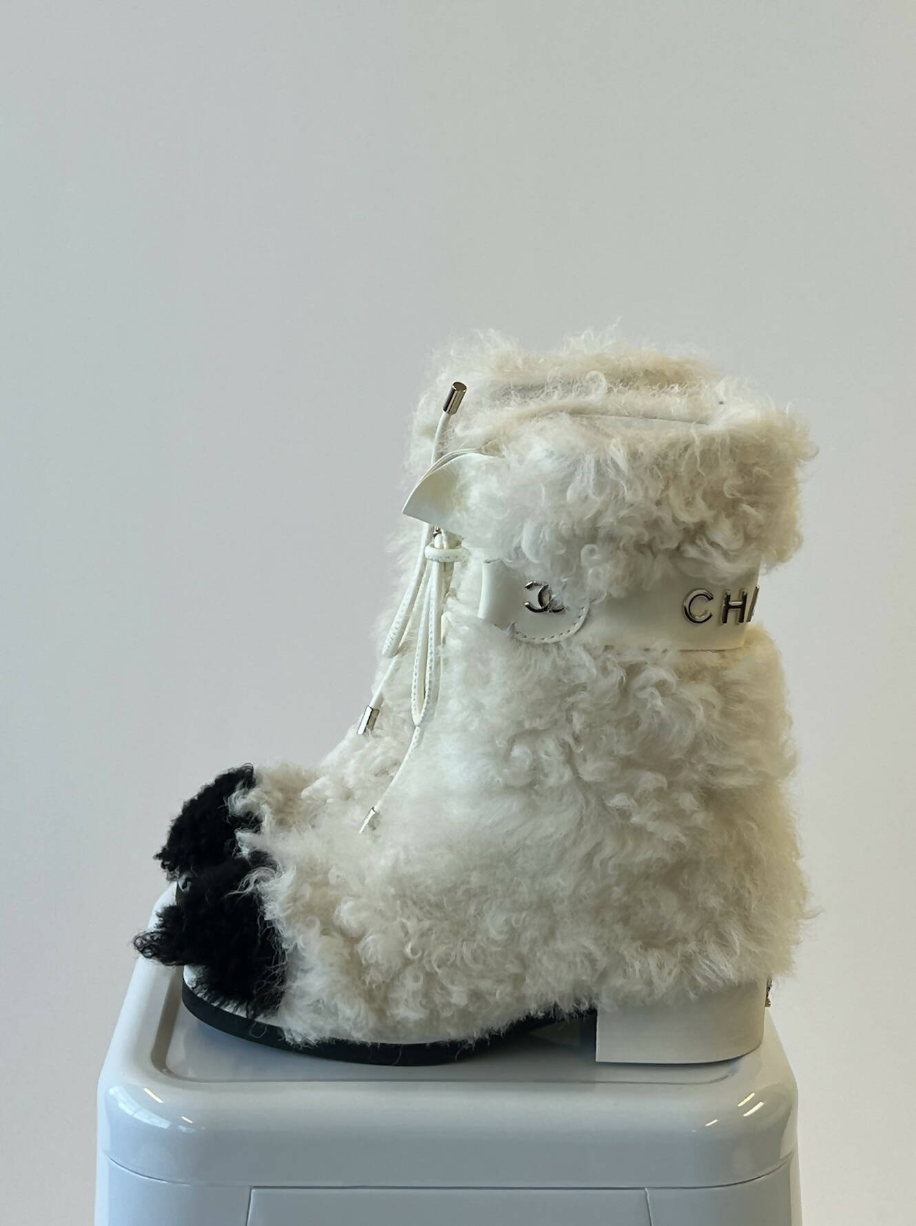 Chanel White/Black Shearling Fur Calf Length Boots