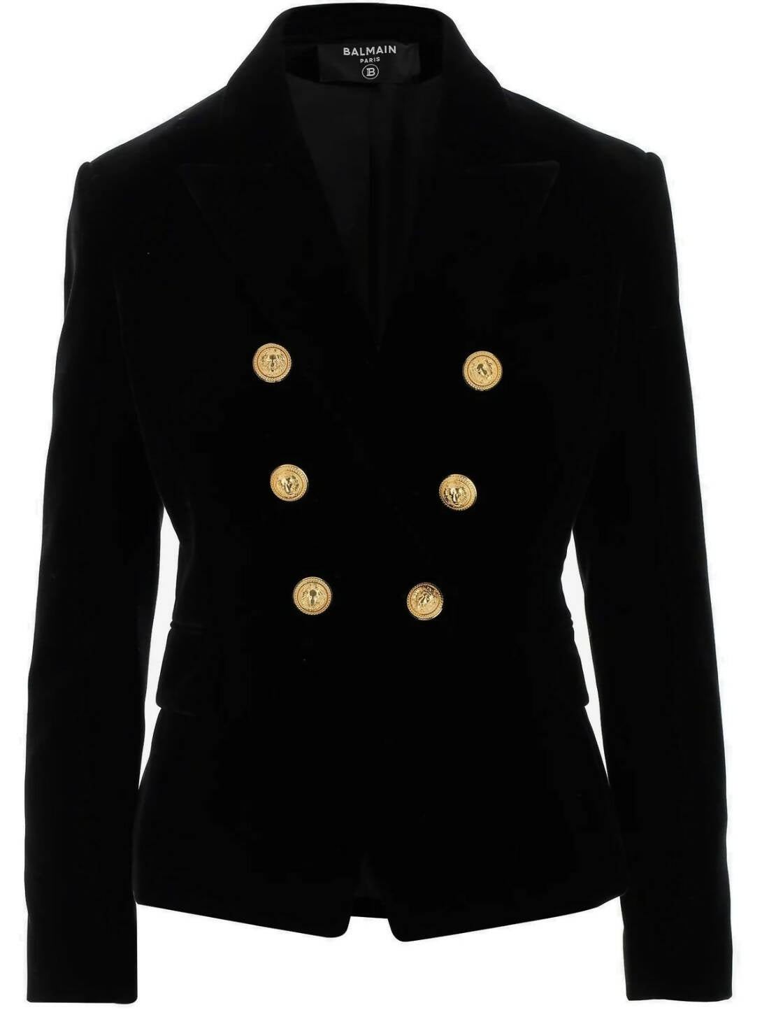 The EXCHANGE Balmain Blazer Black is a tailored, double-breasted cotton blazer with six gold buttons, notched lapel collar, and inner Balmain label. Made in Slovakia.