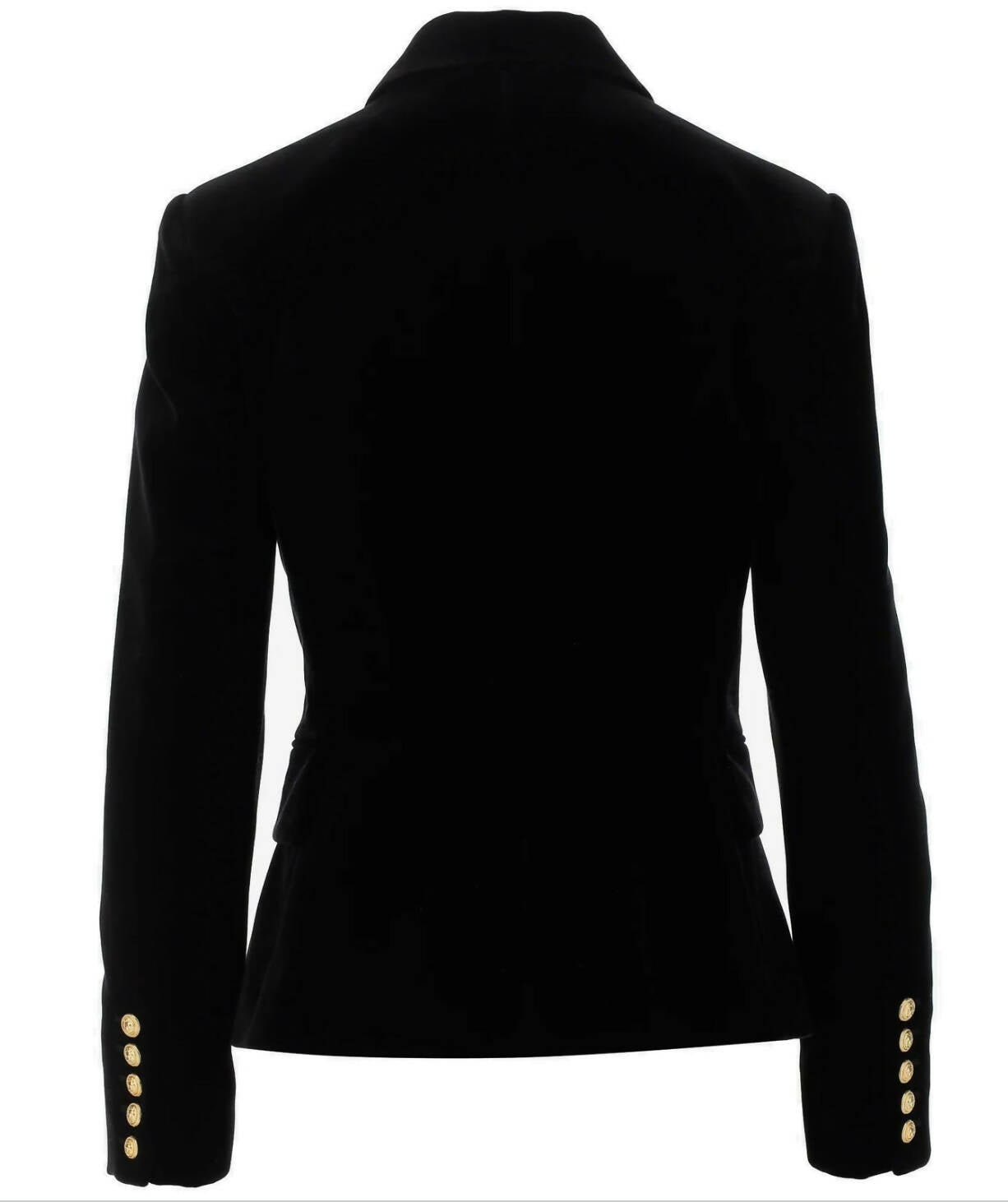 The EXCHANGE Balmain Blazer Black features a fitted, tailored shape with gold sleeve cuff buttons. Made in Slovakia and in perfect condition. Seen from the back.