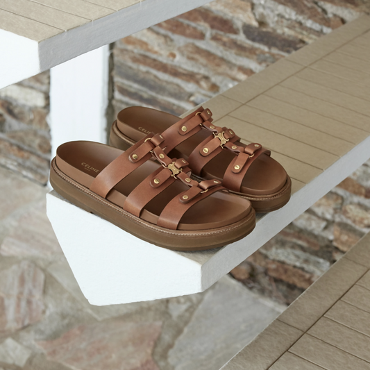 A pair of Celine Tippi Slides by EXCHANGE in brown leather, size 39, with gold buckle accents, rest on a white geometric shelf with stone and tile background. Full set: dust bag included.