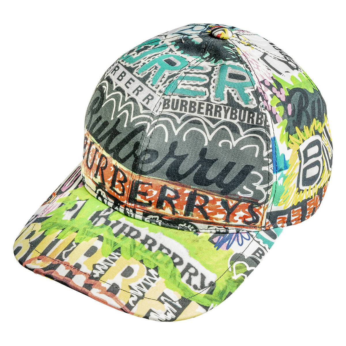 A vibrant EXCHANGE Burberry Graffiti Hat, size M/L, features bold graffiti-style designs and overlapping logos in vivid colors on white; in great condition.