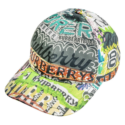 A vibrant EXCHANGE Burberry Graffiti Hat, size M/L, features bold graffiti-style designs and overlapping logos in vivid colors on white; in great condition.