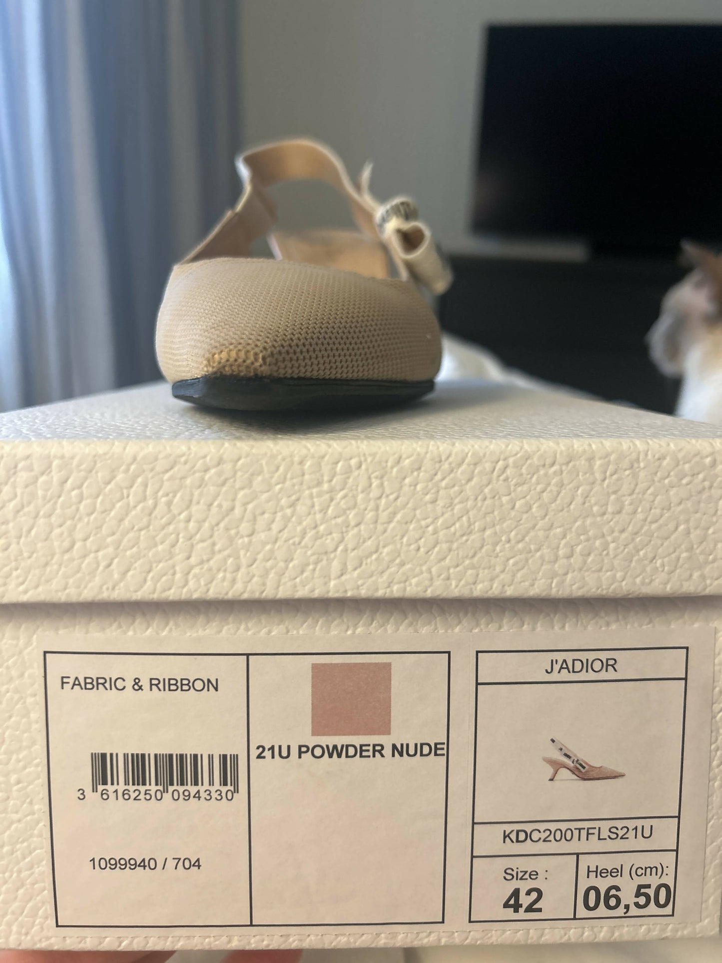 A close-up of a beige Dior Sling Backs Fabric & Ribbon by EXCHANGE is shown on its white textured box. The label displays size 42, heel height 6.5 cm, and a barcode.