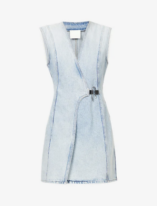 The GIVENCHY Sleeveless Denim Mini Dress by EXCHANGE features a light blue, sleeveless design with exposed seams, a deep V-neck, and an asymmetric wrap front secured by a silver padlock at the waist for a modern, structured look.