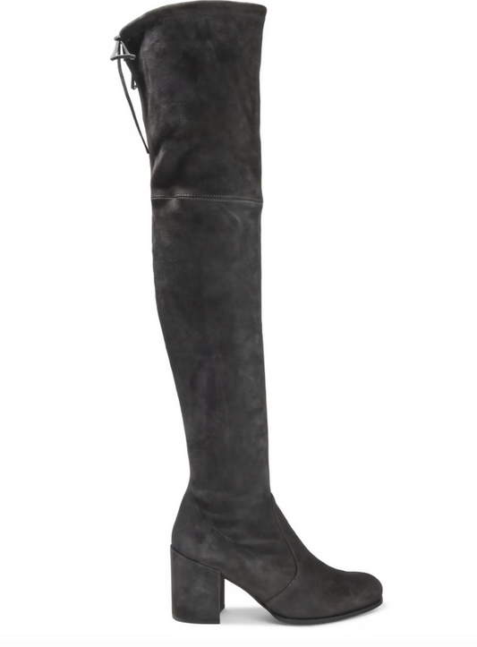 The STUART WEITZMAN Tieland suede over-the-knee boots by EXCHANGE, in size 38.5-39, feature a black suede finish, block heel, rounded toe, and top tie—making them the perfect chic statement for any wardrobe.