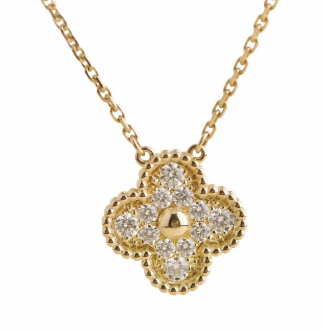Van Cleef & Arpels Vintage Alhambra Pendant Necklace in 18K Yellow Gold and Diamond - Full Set