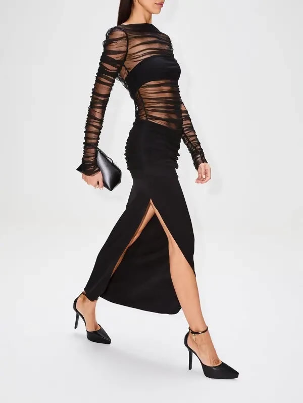 Christopher Esber Long Sleeve Tulle Column Dress in Black