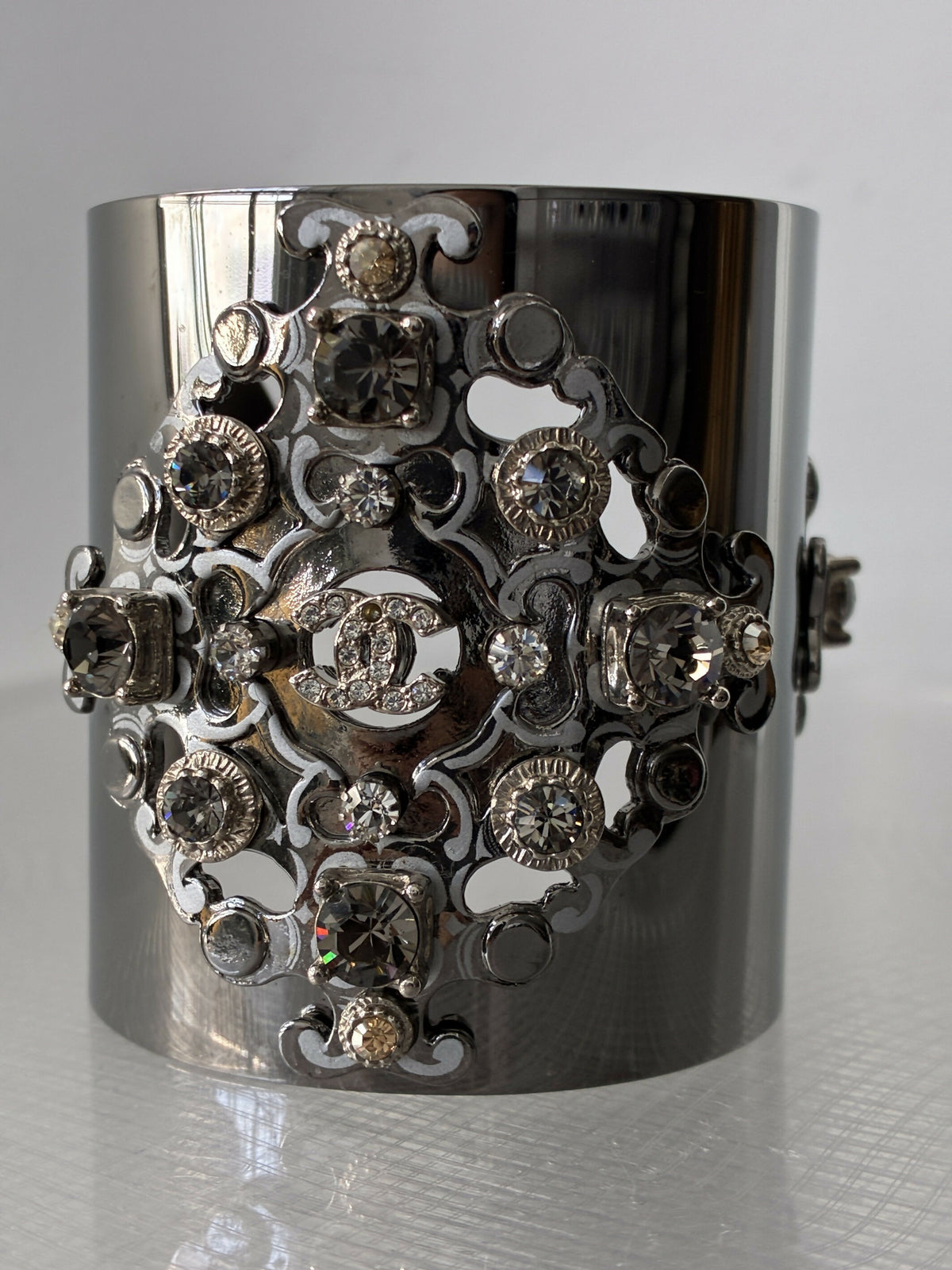 Chanel Silver-Tone CC Cuff Bracelet with Crystals