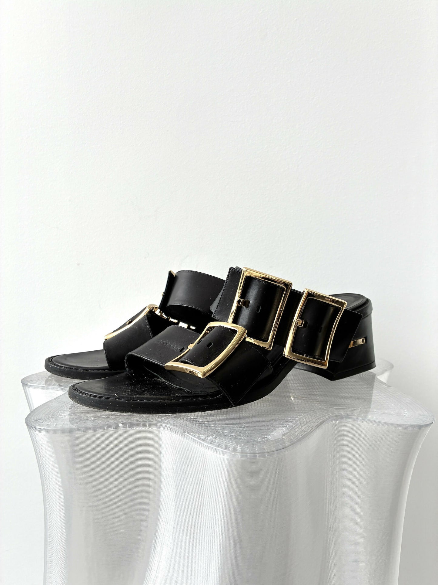 Tibi Big Buckle Leather Heeled Slides