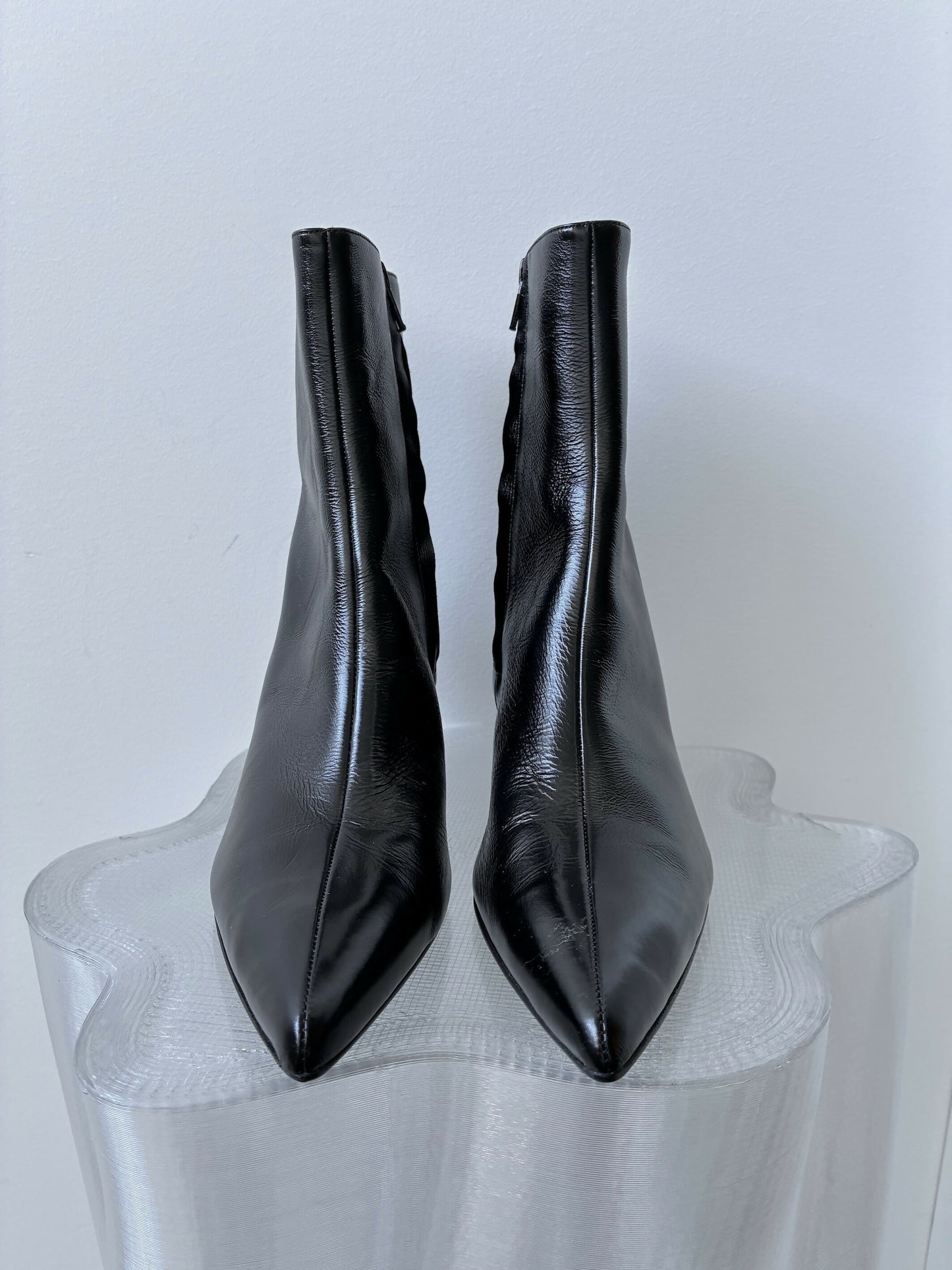 KHAITE Sybil Glossed-Leather Ankle Boots