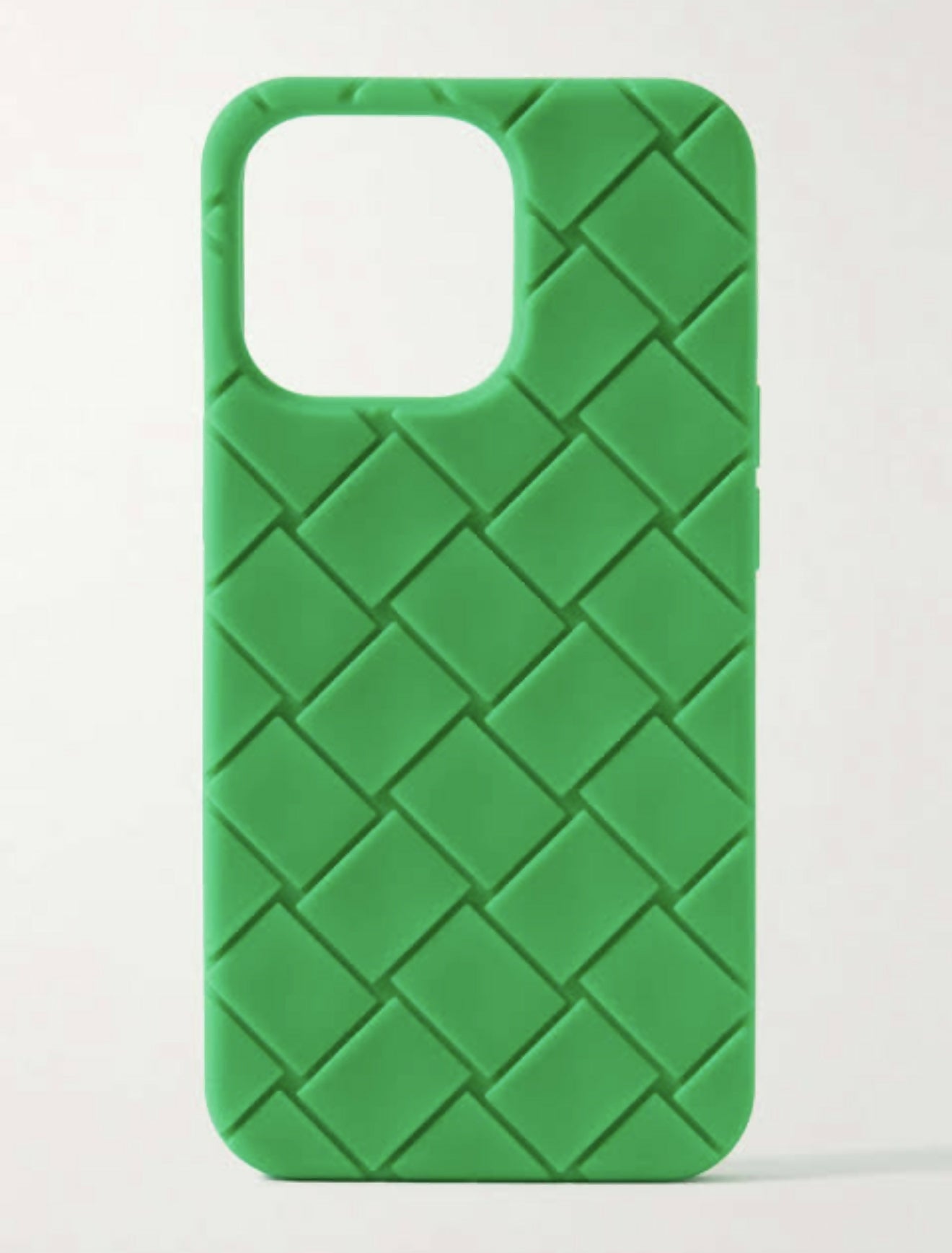 The EXCHANGE STORE Intrecciato Rubber iPhone 13 Pro Max Case features a green silicone design with a raised basket-weave pattern and large camera cutout, offering stylish protection for your device.