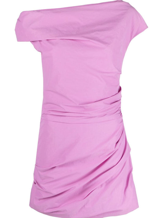 Paris Georgia Remmy Dress in pink by EXCHANGE—short, off-the-shoulder with subtle ruching, draping, and asymmetrical neckline and hemline. Size XXS, perfect condition with no signs of wear.