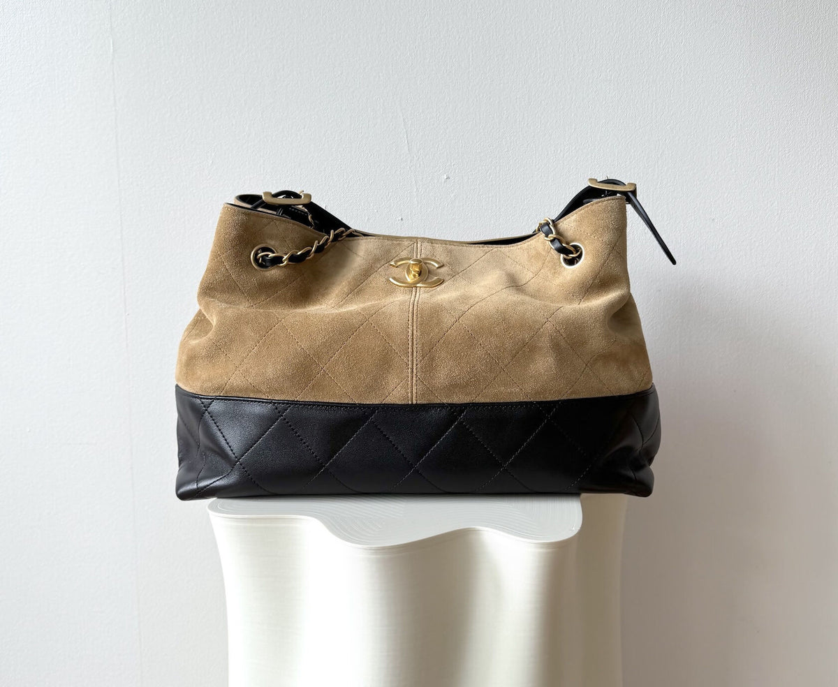 CHANEL Small Shopping Bag Beige Suede / BlackShiny Lambskin