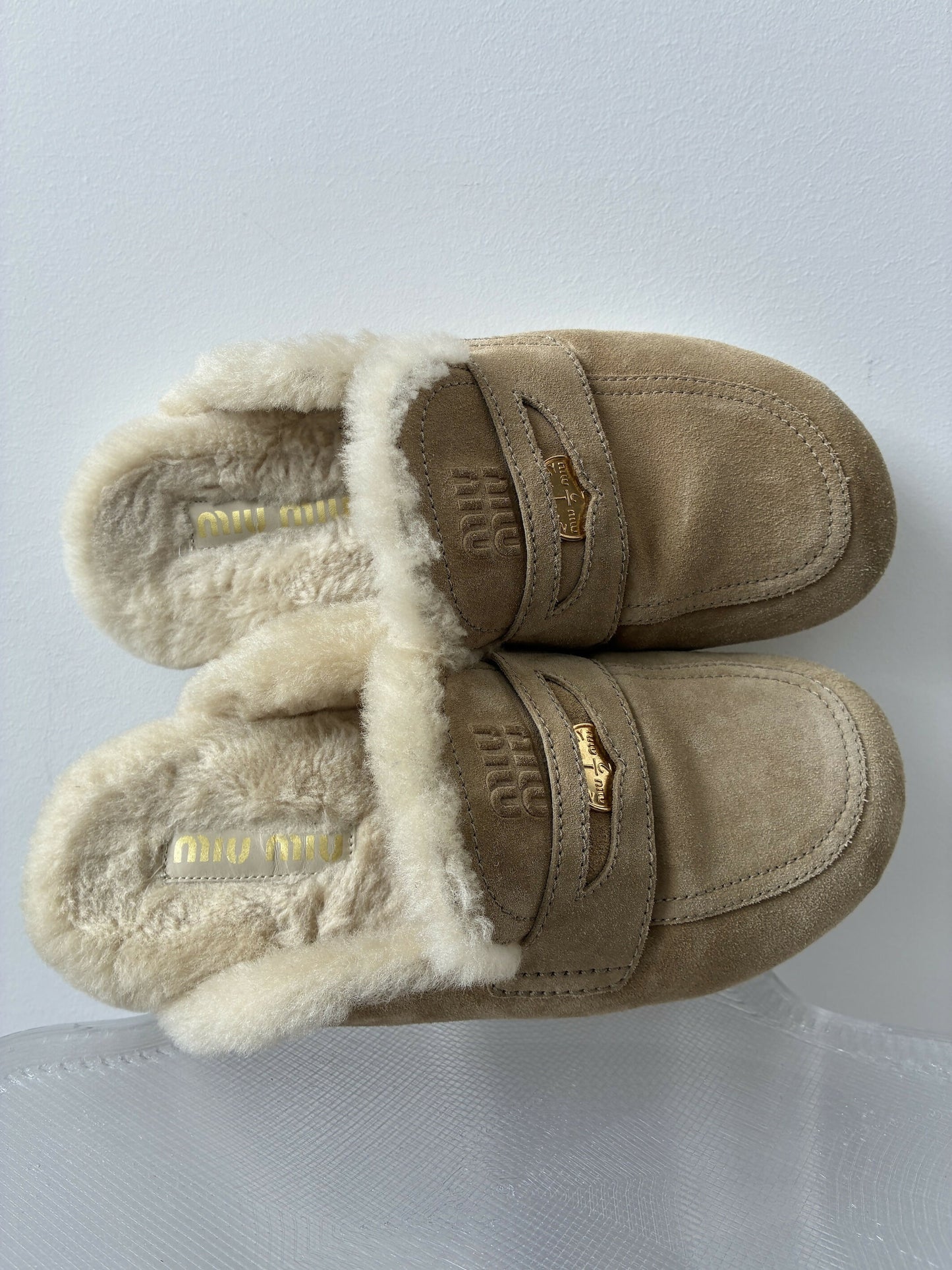 Miu Miu Shearling-Lined Suede Mules