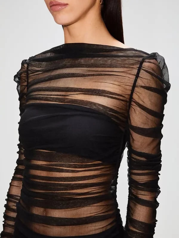Christopher Esber Long Sleeve Tulle Column Dress in Black