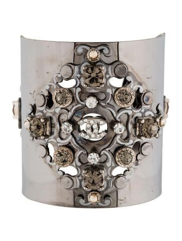 Chanel Silver-Tone CC Cuff Bracelet with Crystals