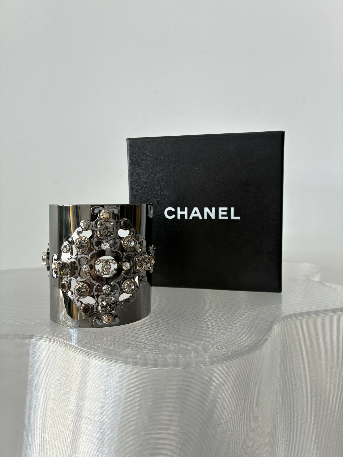 Chanel Silver-Tone CC Cuff Bracelet with Crystals
